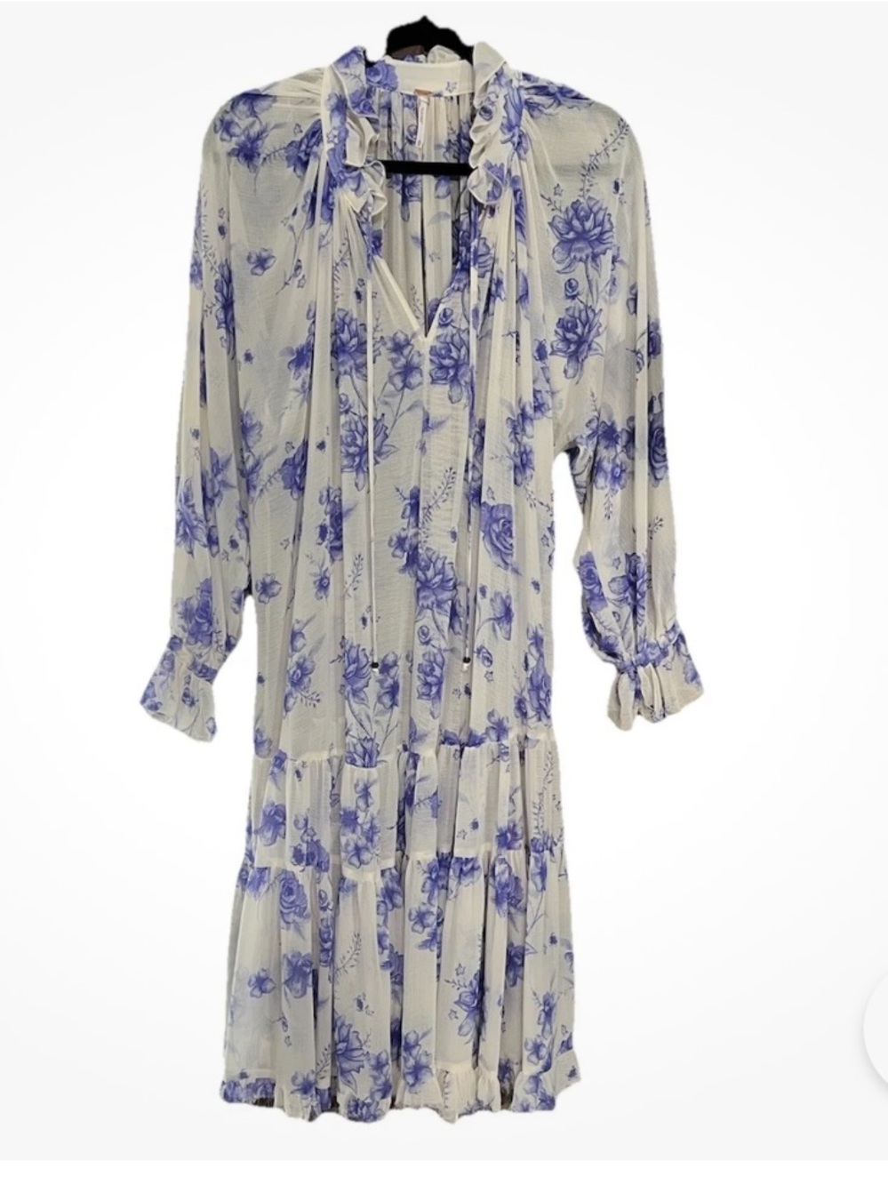 Free People M Ivory Purple Floral Puff Sleeves Dress Ruffle Frayed hem - Picture 3 of 11